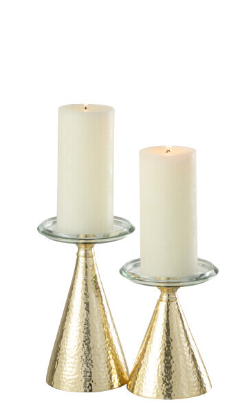 Set Van Twee Kaarshouders Pilaar Aluminium/Glas Goud/Transparant H 20 x B 12 x L 12 cm (36120)