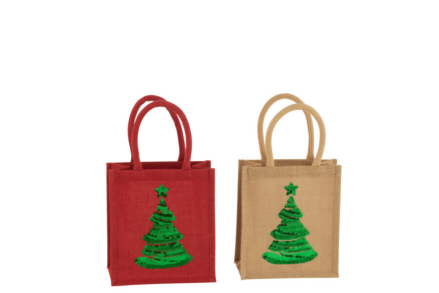 Zak Kerstboom Pailletten Jute Naturel/Rood Assortiment Van 2 H 26 x B 12 x L 23 cm (36979)