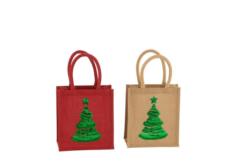 Zak Kerstboom Pailletten Jute Naturel/Rood Assortiment Van 2 H 26 x B 12 x L 23 cm (36979)