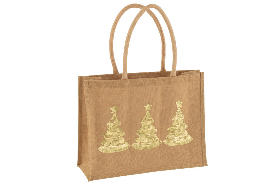 Zak 3 Kerstbomen Pailletten Jute Naturel/Goud H 33 x B 16 x L 43 cm (36983)