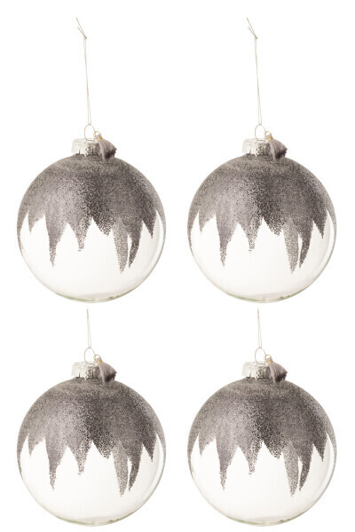 Doos Van 4 Kerstballen Glitter Mini Kwast Grijs Glas Transparant Large H 12 x B 12 x L 12 cm
 (17465)