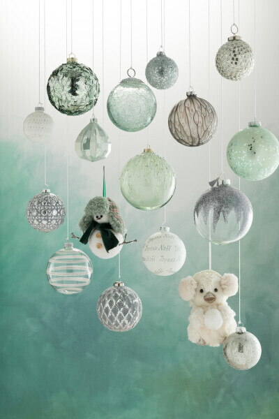 Doos Van 4 Kerstballen Glitter Mini Kwast Grijs Glas Transparant Large H 12 x B 12 x L 12 cm  (17465)
