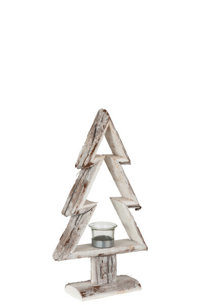 T-Lichthouder Kerstboom Hout Bruin/Wit Small H 40 x B 8 x L 23 cm (19443)