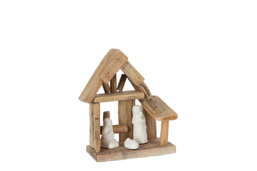 Kerststal Huis Hout/Keramiek Naturel/Wit H 19 x B 10 x L 17 cm (19467)