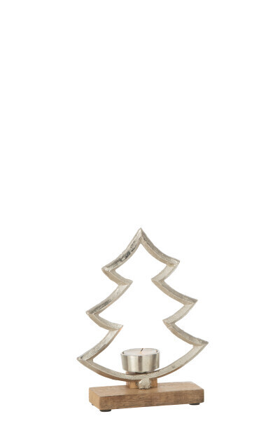 Kaarshouder Dennenboom Op Voet Hout Aluminium Zilver Small H 21 x B 5 x L 16 cm (25824)