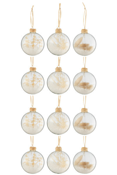 Doos Van 12 Kerstballen 4+4+4 Gedroogde Takjes Beige Glas Transparant H 10 x B 8 x L 8 cm
 (27702)