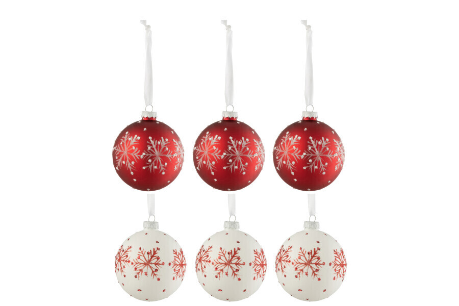 Doos Van 6 Kerstballen Sneeuwvlokken Glitter Glas Wit/Rd Small H 10 x B 8,5 x L 8,5 cm
 (27706)