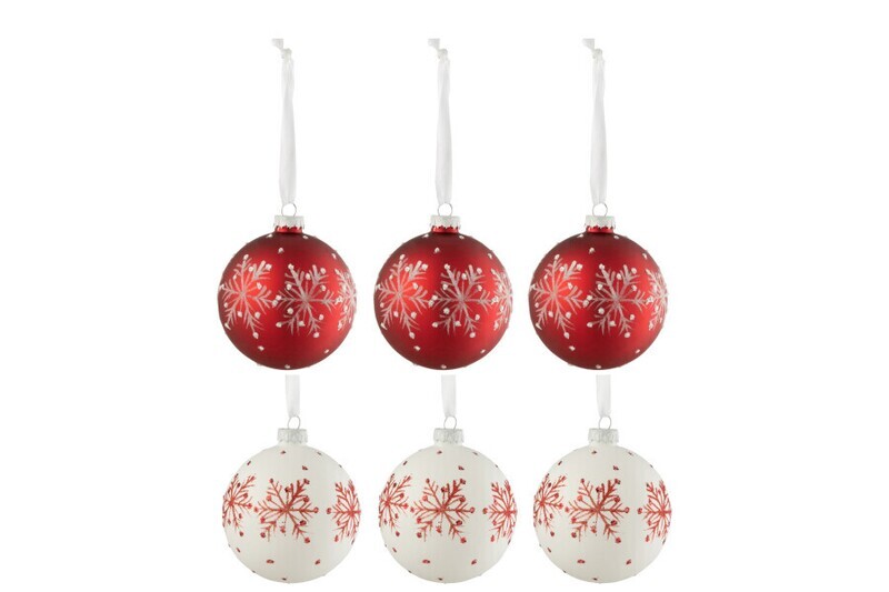 Doos Van 6 Kerstballen Sneeuwvlokken Glitter Glas Wit/Rd Small H 10 x B 8,5 x L 8,5 cm
 (27706)