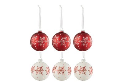 Doos Van 6 Kerstballen Sneeuwvlokken Glitter Glas Wit/Rd Small H 10 x B 8,5 x L 8,5 cm  (27706)