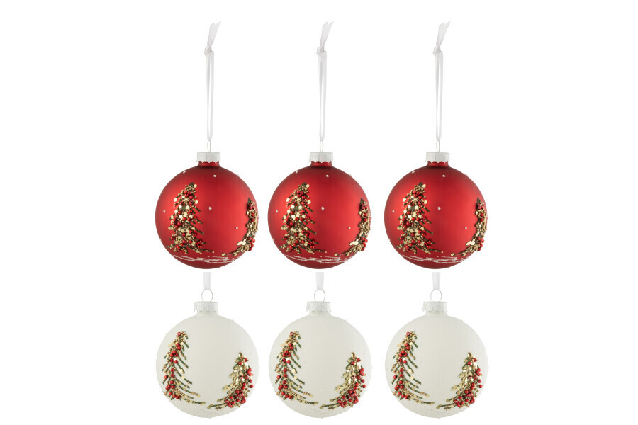 Doos Van 6 Kerstballen Kerstbomen Glitters Glas Wit/Rd Small H 10 x B 8,5 x L 8,5 cm (27705)