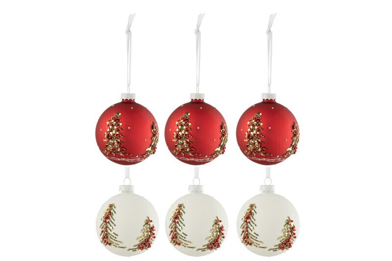 Doos Van 6 Kerstballen Kerstbomen Glitters Glas Wit/Rd Small H 10 x B 8,5 x L 8,5 cm (27705)