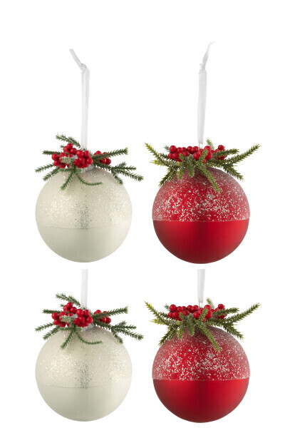 Doos Van 4 Kerstballen Kerstdeco+Bessen Suiker Glas Wit/Rd Small H 10 x B 10 x L 10 cm
 (27708)