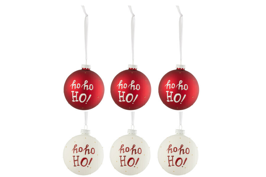 Doos Van 6 Kerstballen Hohoho! Glas Wit/Rd Small H 8 x B 8 x L 8 cm (27707)