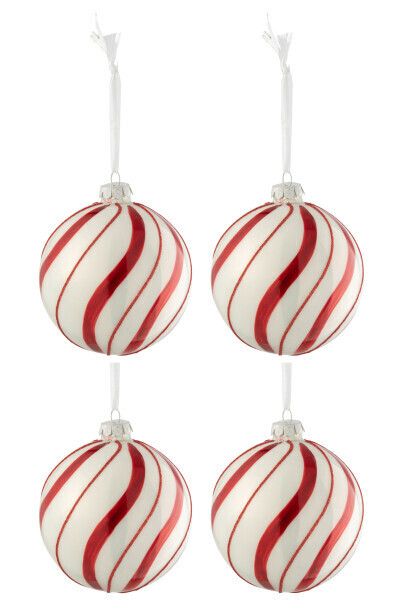 Doos Van 4 Kerstballen Draaiende Lijnen Rd Glas Blinkend Wit Medium H 10 x B 10 x L 10 cm (27709)