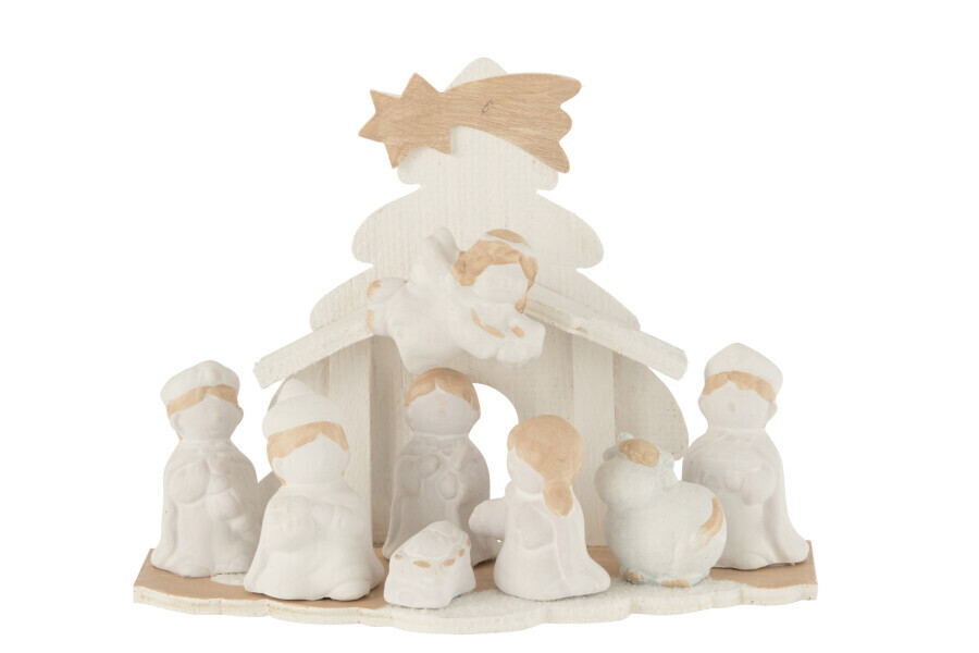 Kerststal Hout/Poly Wit/Beige Medium H 19,5 x B 10,5 x L 25,5 cm
 (35367)