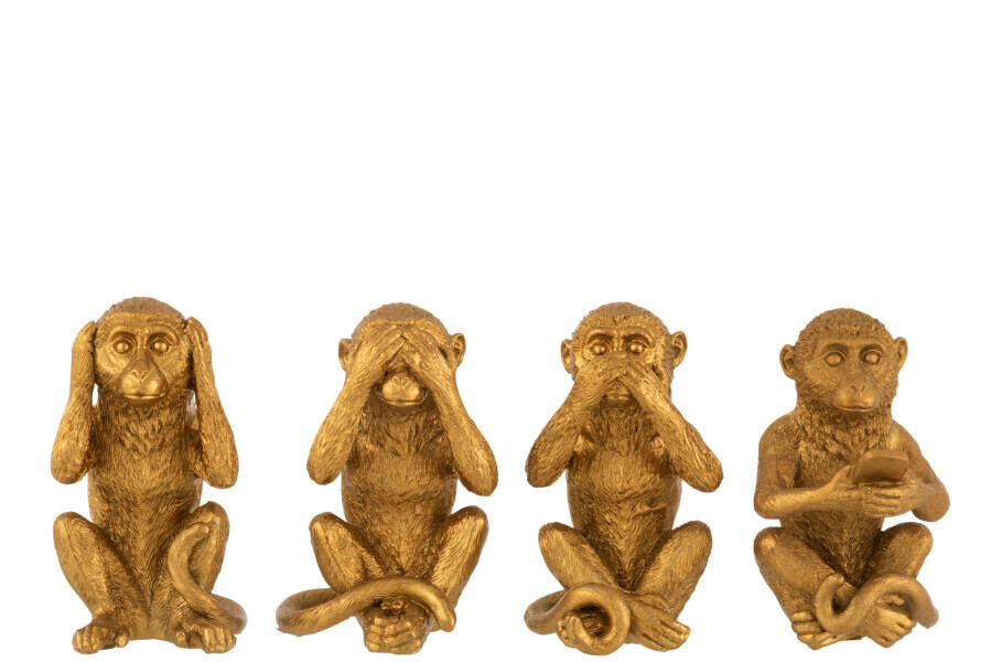 Aap Horen/Zien/Zwijgen/Gsm Poly Goud Assortiment Van 4 H 12 x B 7 x L 7,5 cm  (16050)