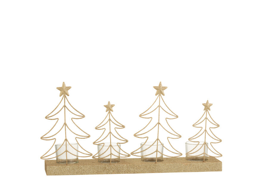 Theelichthouder Kerstbomen 4 Stuks Glitters Hout Goud H 7,5 x B 19,5 x L 38 cm (37131)