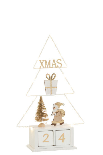 Kerstboom Kalender+Led Hout Wit/Goud H 7,5 x B 18 x L 31 cm
(37147)