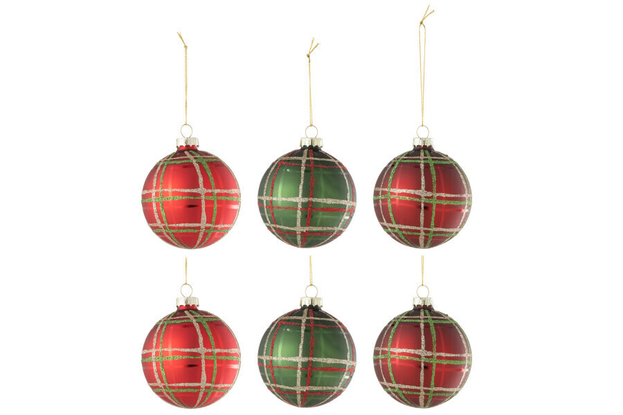 Doos Van 6 Kerstbal 2+2+2 Geruit Pailletten Rood/Groen Small H 8 x B 8 x L 8 cm (37339)