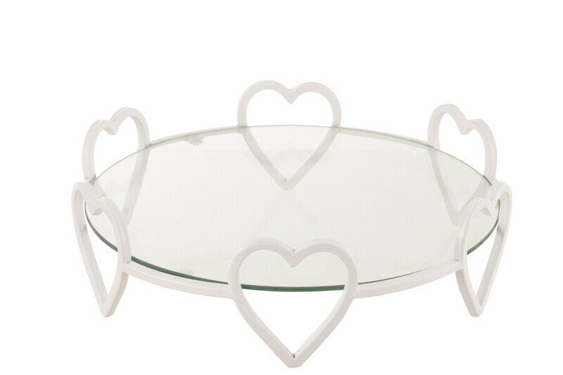Schotel Rond Harten Metaal/Glas Wit H 10 x B 36 x L 36 cm  (20391)