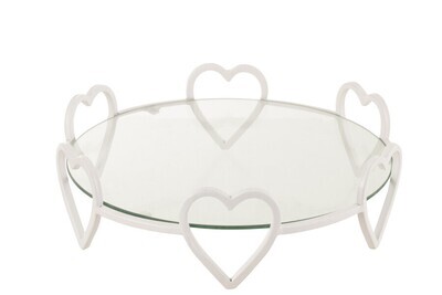 Schotel Rond Harten Metaal/Glas Wit H 10 x B 36 x L 36 cm  (20391)