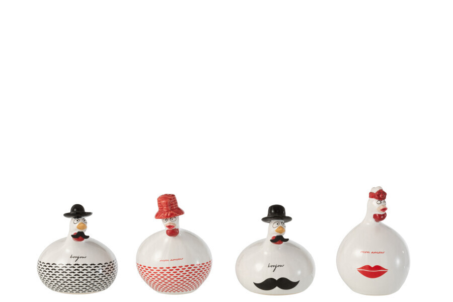 Kip Bonjour/Mon Amour Keramiek Wit/Rood/Zwart Small Assortiment Van 4 H 11 x B 7 x L 7 cm (12554)