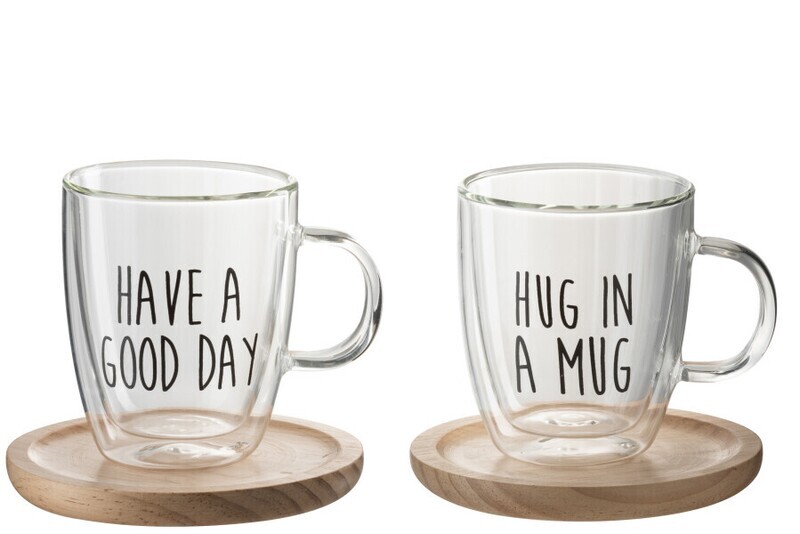 Tas Op Voet Tekst Glas/Hout Transparant/Zwart/Naturel Assortiment Van 2 H 12,5 x B 14 x L 14 cm
 (97042)