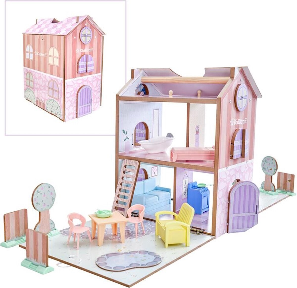 KidKraft Play and Store inklapbaar klein Houten Poppenhuis met 36 accessoires