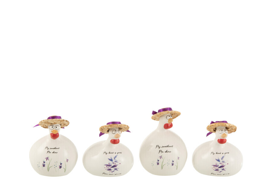 Kip Quotes+Hoed Keramiek Wit/Paars Small Assortiment Van 4 H 9 x B 9 x L 9 cm (12552)