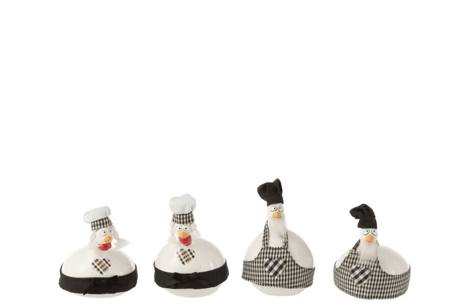 Kip Chef Keramiek Wit/Zw S Assortiment Van 4 (17582) H 12 x B 7 x L 7 cm
