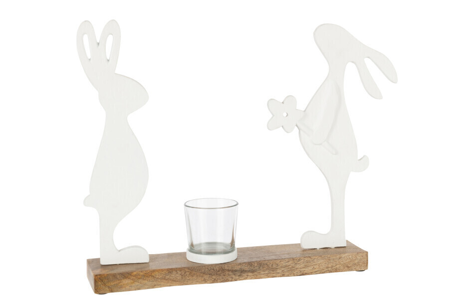 Thee Licht Houder Konijnen Mango Hout/Ijzer Wit Naturel H 29 x B 5 x L 30 cm  (20932)