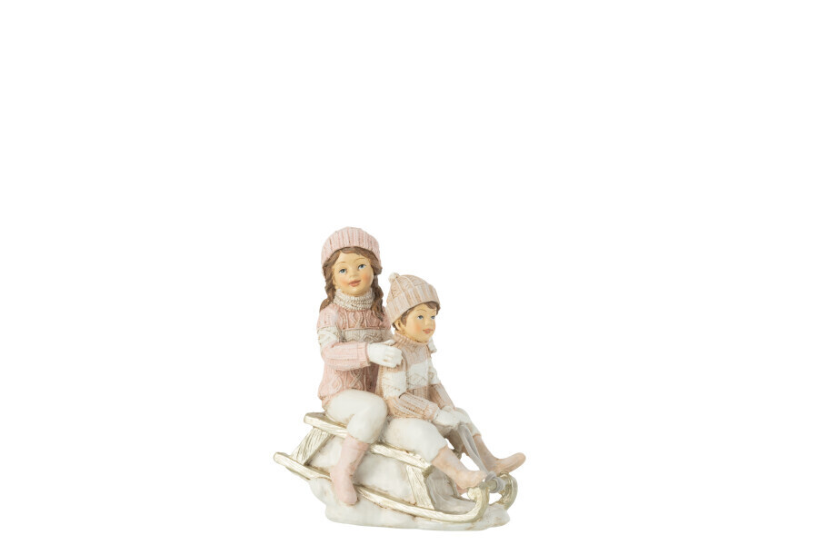 Meisje En Jongen Op Slee Wit/Roze H 16 x B 7,5 x L 13,5 cm (26916)