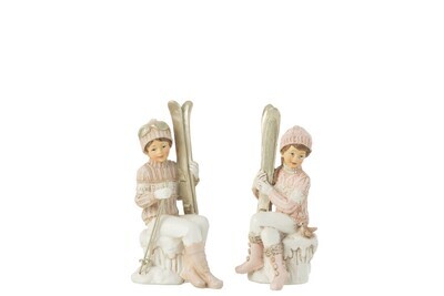 Meisje En Jongen Ski Zittend Wit/Roze Assortiment Van 2 H 18 x B 8,5 x L 10 cm  (26918)