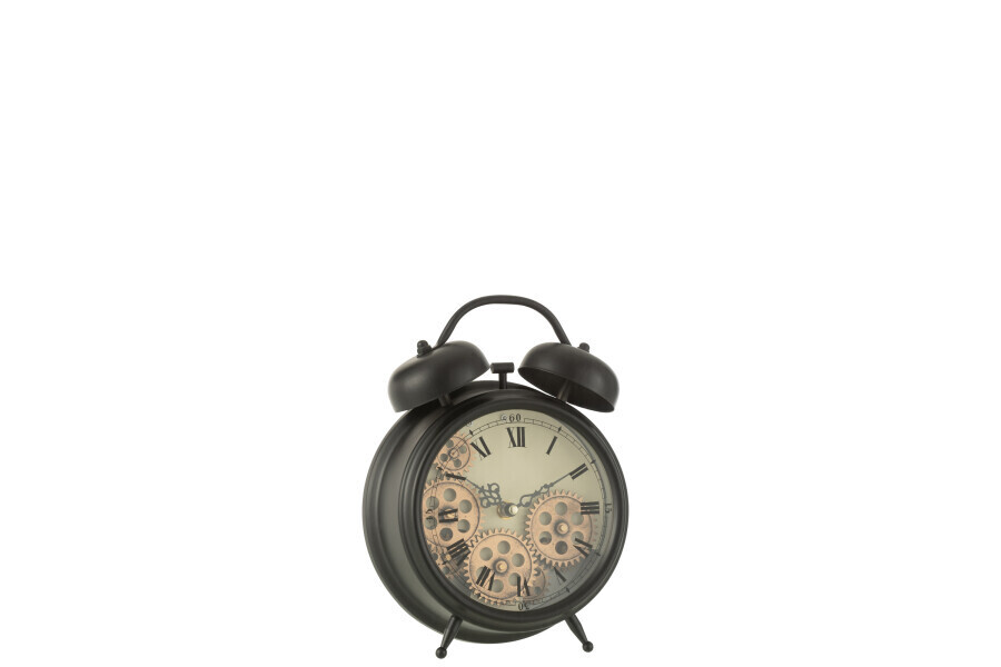Klok Wekker Romeinse Cijfers Tandwielen Metaal Zwart Small H 7,5 x B 26 x L 21 cm (27363)