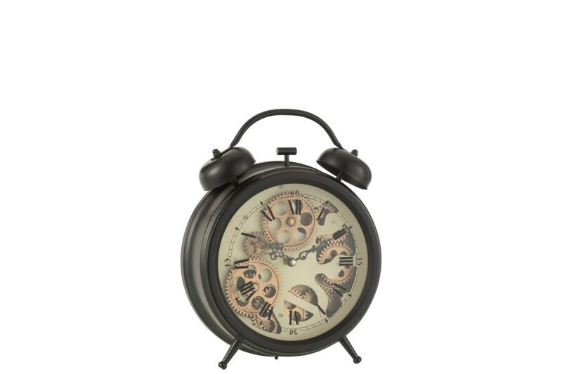 Klok Wekker Romeinse Cijfers Tandwielen Metaal Zwart Medium H 8 x B 34 x L 26 cm (27364)