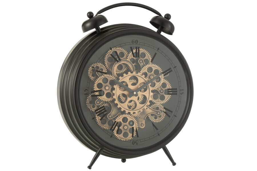 Klok Wekker Romeinse Cijfers Tandwielen Metaal Zwart Large H 11,5 x B 47 x L 41 cm (27365)