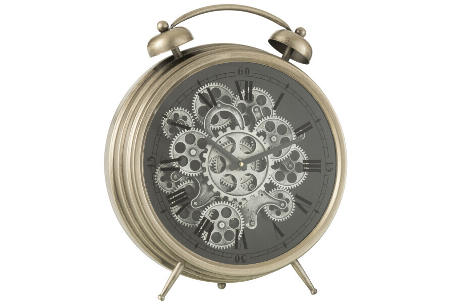Klok Wekker Romeinse Cijfers Tandwielen Metaal Zilver Large H 11,5 x B 47 x L 42 cm (27368)