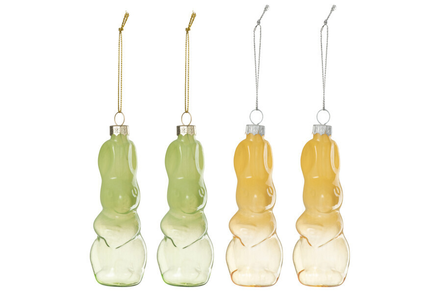 Doos Van 4 Konijnen Hanger Glas Groen/Geel Assortiment Van 2 H 11,5 x B 4 x L 4 cm (33382)