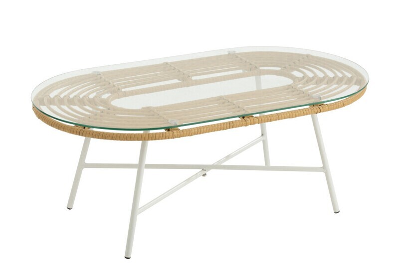 Tafel Laag Ovaal Buiten Metaal/Glas Naturel/Wit H 35,5 x B 50 x L 90 cm (20347)