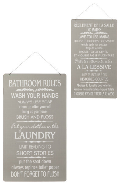 Plakkaat Salle De Bain/Bathroom Engels/Frans Metaal Grijs/Wit Assortiment Van 2 H 34 x B 3 x L 56 cm (12150)