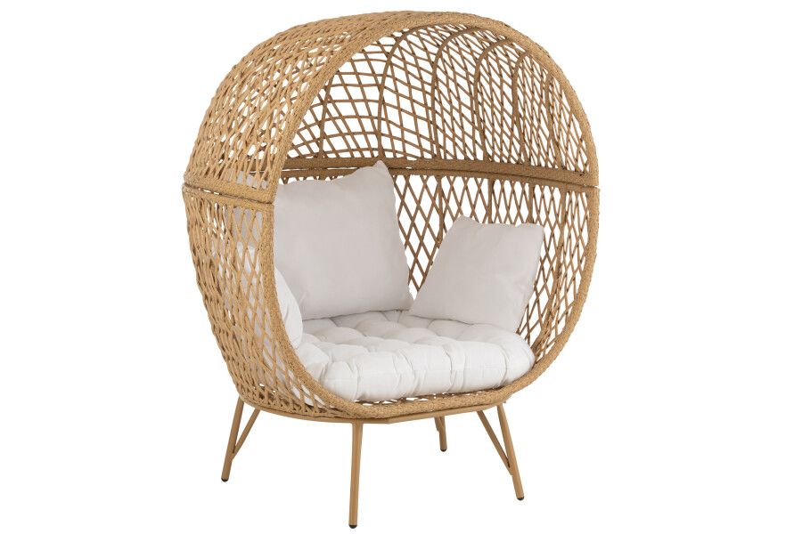 Loungestoel+Kussens Eva Metaal/Riet Beige H 146 x B 106 x L 106 cm (20718)