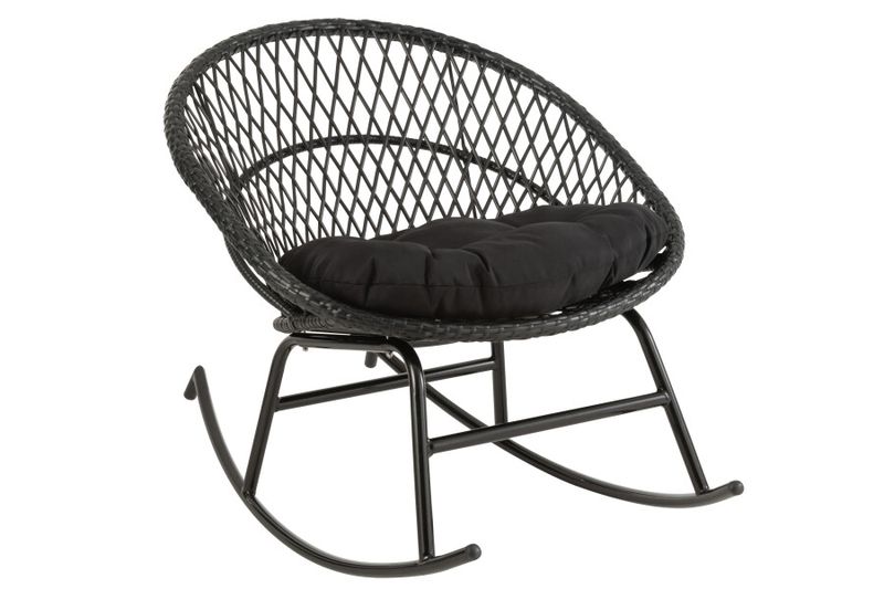 Schommelstoel+Kussen Zayo Metaal/Riet Zwart H 78 x B 82 x L 118 cm (20724)