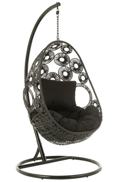 Hangstoel+Kussens Bula Metaal/Riet Zwart H 197 x B 103 x L 113 cm  (20726)