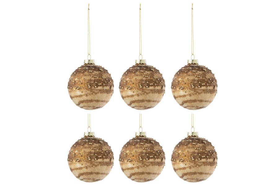Doos Van 6 Kerstbal Lijnen Pailletten Glas Bruin H 8 x B 8 x L 8 cm (37375)
