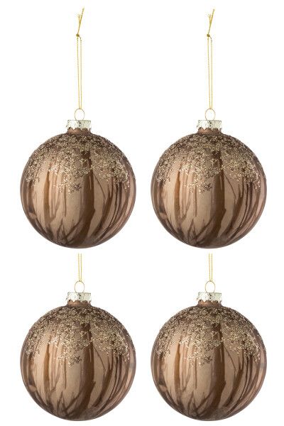 Doos Van 4 Kerstbal Lijnen+Pailletten Glas Bruin Licht/Donker H 10 x B 10 x L 10 cm (37382)