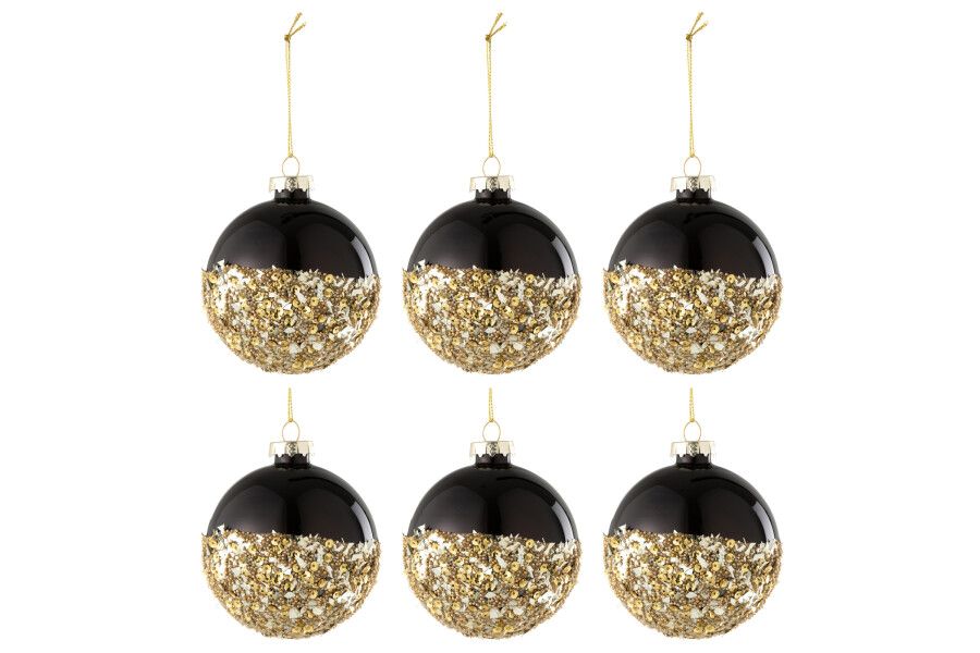 Doos Van 6 Kerstbal Pailletten Glas Zwart/Goud  h 8 x B 8 x L 8 cm (37385)