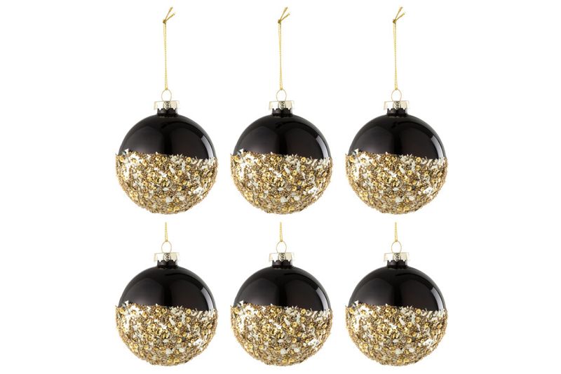Doos Van 6 Kerstbal Pailletten Glas Zwart/Goud  h 8 x B 8 x L 8 cm (37385)