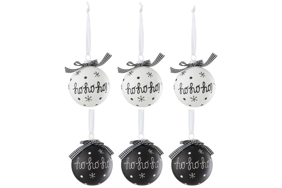 Doos Van 6 Kerstbal 3+3 Hoho+Sneeuwvlokken+Boog Glas Zwart/Wit Small H 8 x B 8 x L 8 cm. (37388)