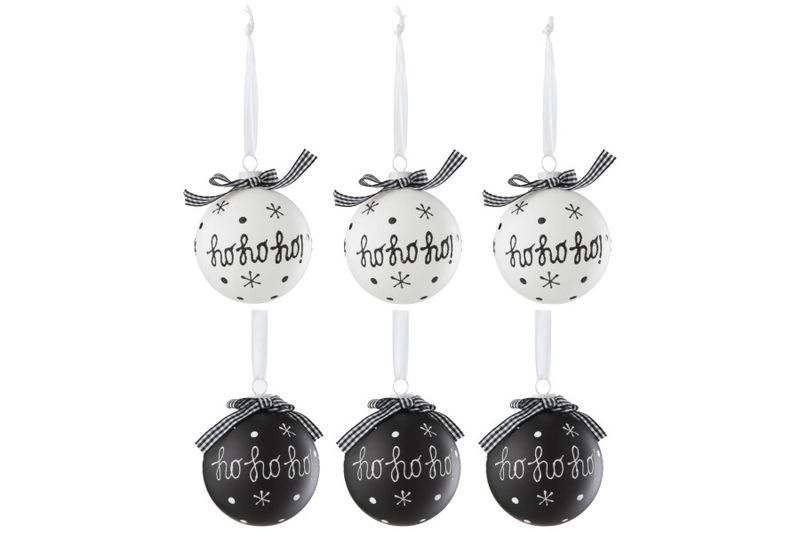 Doos Van 6 Kerstbal 3+3 Hoho+Sneeuwvlokken+Boog Glas Zwart/Wit Small H 8 x B 8 x L 8 cm. (37388)