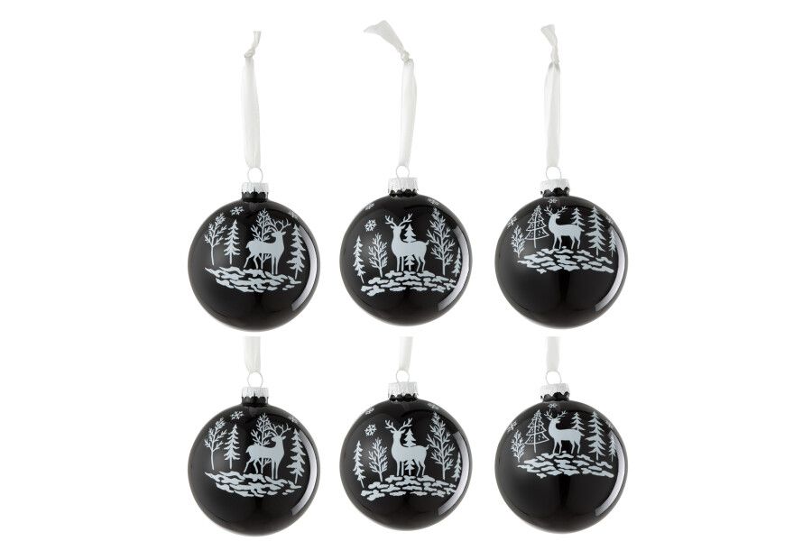 Doos Van 6 Kerstbal 2+2+2 Rendier Glas Zwart/Wit H 8 x B 8 x L 8 cm (37387)